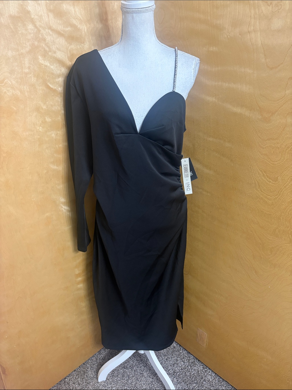 Nwt Jeannie Mai X I.N.C. Black One Shoulder Long Sleeve Rhinestone Strap Dress